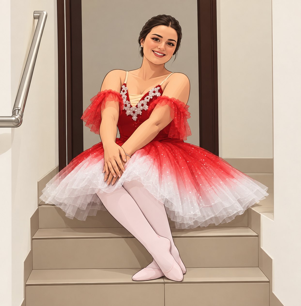 Natália, fundadora do Studio Maria Arte, de tutu vermelho sentada na escada do studio